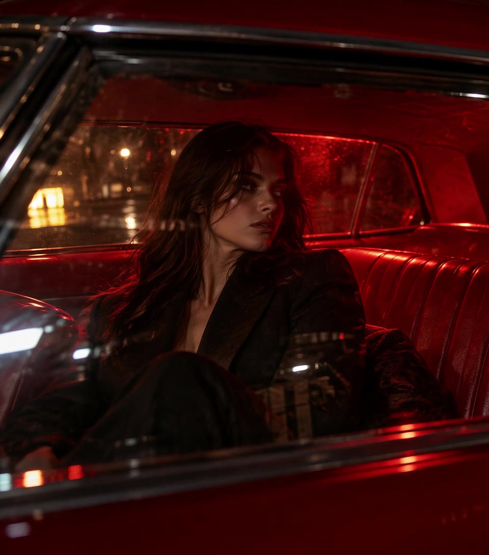 A woman in the near window of the red car, rain on the glass.