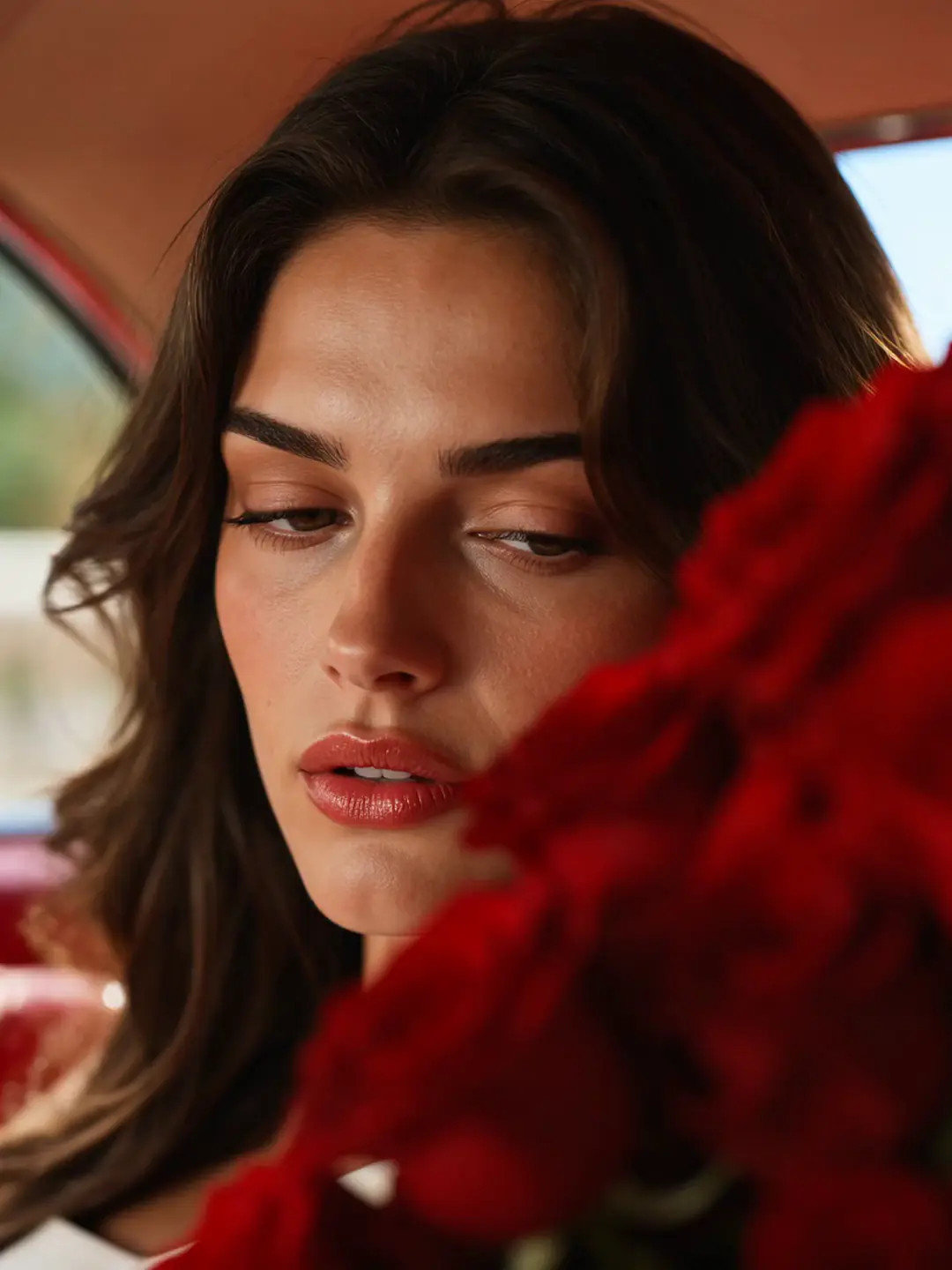 A woman with dark hair in the red car, red roses close in front of her.
