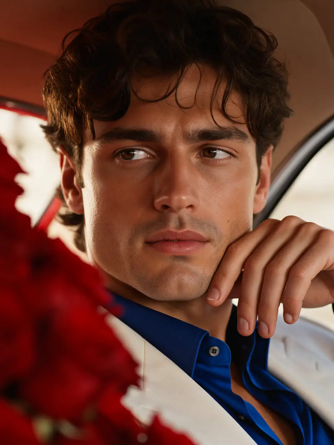 A man in an ivory jacket and blue shirt in the red car, his hand at his chin.