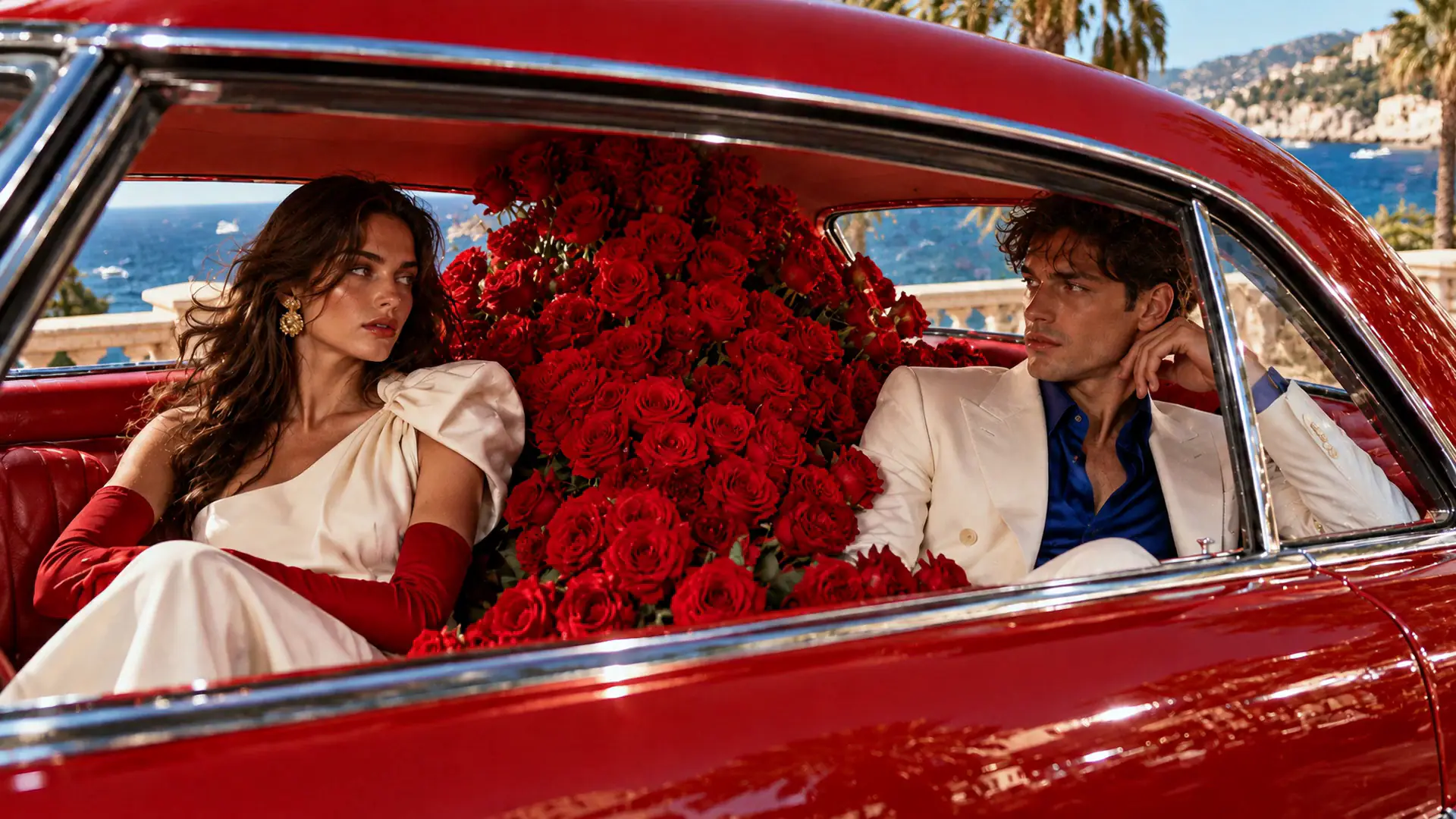 A couple in ivory evening clothes in the back of a red vintage car filled with red roses, the sea behind them.