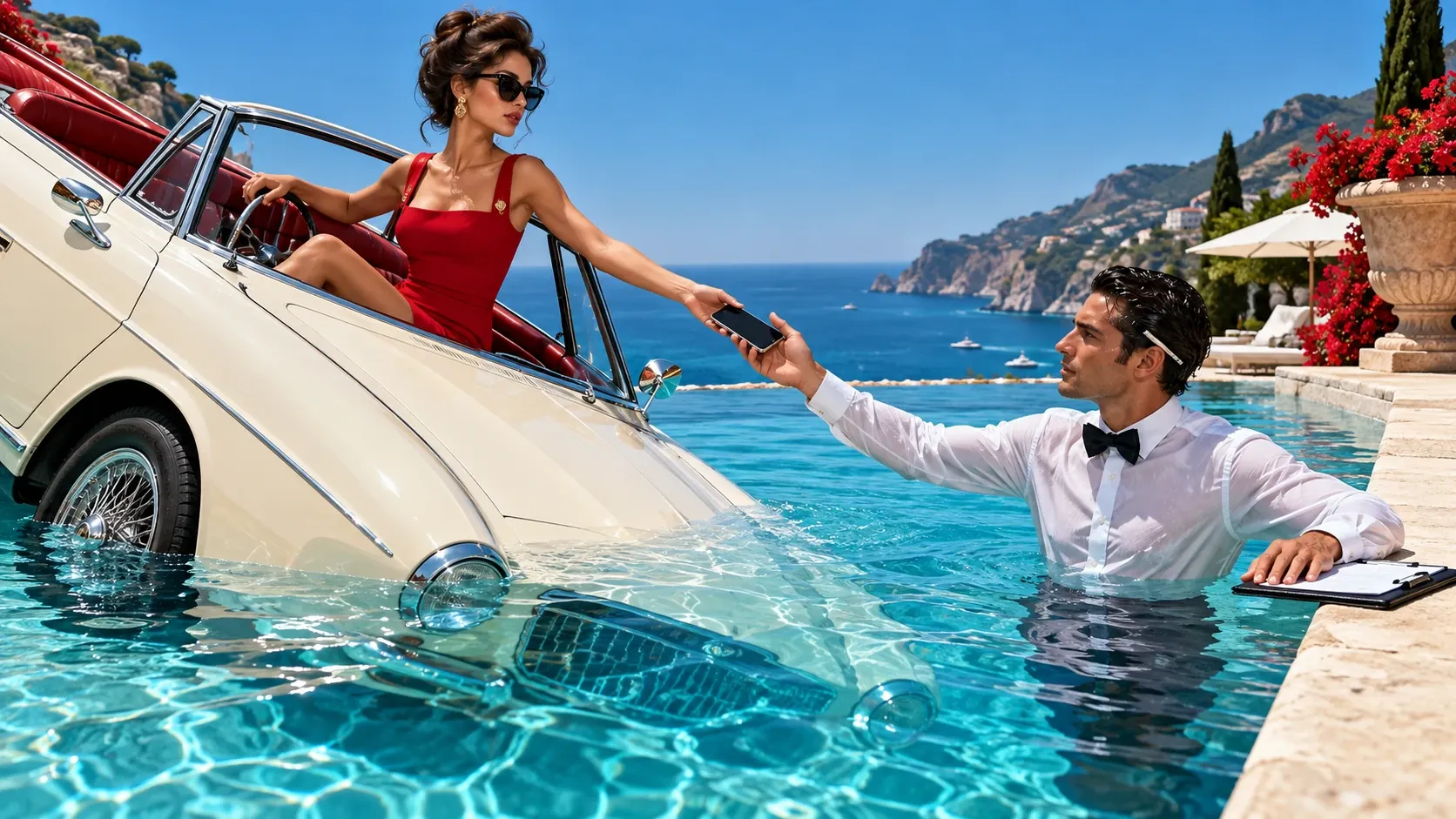 From a cream convertible sinking into an infinity pool, a woman in red hands her phone to a man in a wet dress shirt and bow tie, standing in the water with a clipboard.