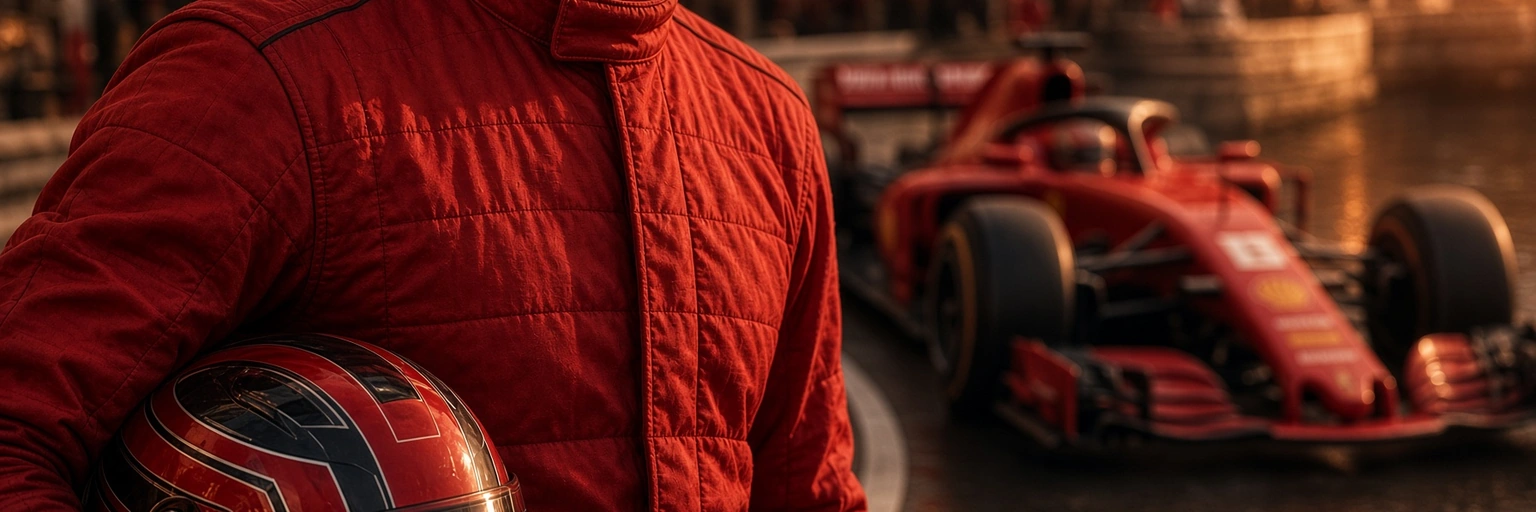 A red racing suit and helmet beside a racing car.