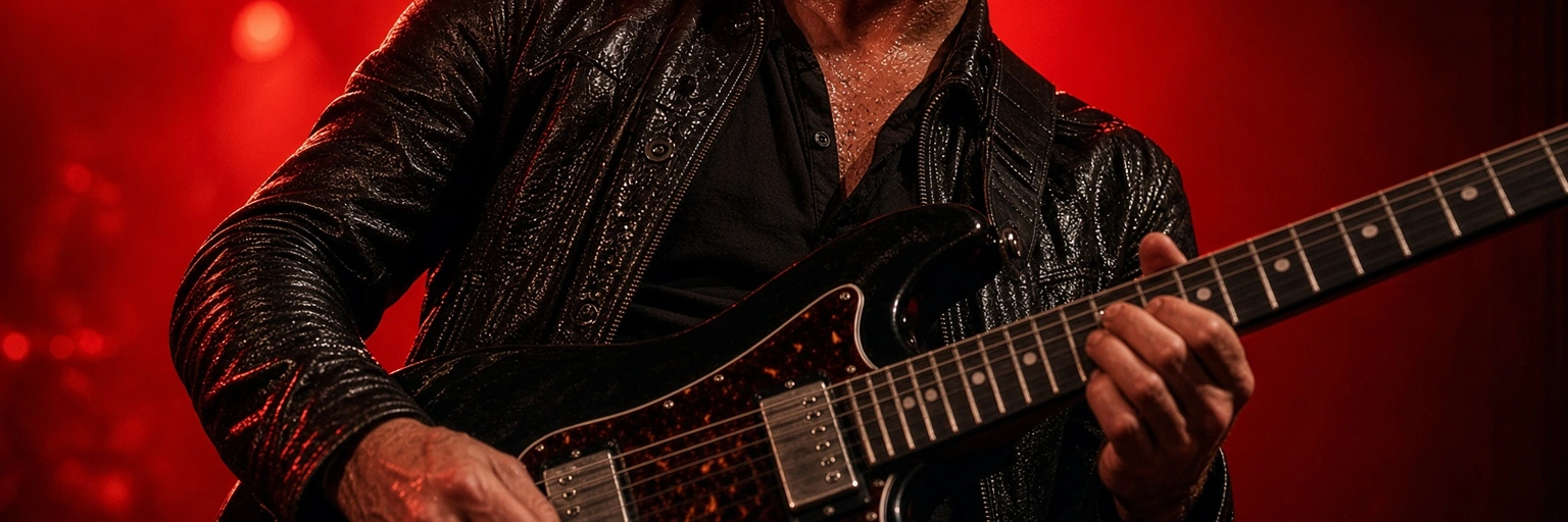 Hands playing a guitar beneath red stage lights.