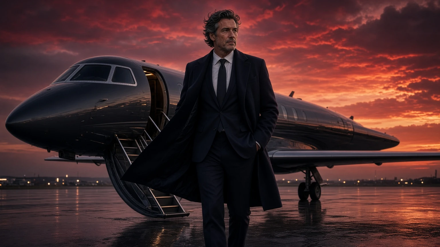 A suited business traveller beside a private jet.
